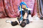  arc_system_works blue_hair boots breasts cosplay dizzy garters guilty_gear kabura_hitori_(model) midriff photo thigh-highs thighhighs twintails under_boob underboob 