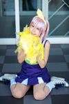  bow cheerleader cosplay hair_bow hairbow highres hiiragi_tsukasa lucky_star maritsuki_haru photo pom_poms purple_hair 