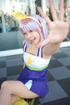  bow cheerleader cosplay hair_bow hairbow highres hiiragi_tsukasa lucky_star maritsuki_haru photo pom_poms purple_hair 