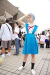  ayanami_rei blue_hair cosplay footwear highres kanata_(model) neon_genesis_evangelion photo red_eyes school_uniform serafuku socks suspenders 