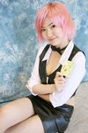  cosplay dealer highres leather midriff miniskirt pachi-slot_sengen_rio_de_carnival photo pink_hair skirt vest yun_(model) 