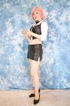 cosplay dealer highres leather midriff miniskirt pachi-slot_sengen_rio_de_carnival photo pink_hair skirt vest yun_(model) 