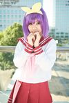  bow cosplay hair_bow hairbow highres hiiragi_tsukasa lucky_star photo purple_hair rindou_sana sailor sailor_uniform school_uniform serafuku 