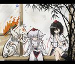  amaterasu animal_ears auer bad_id bad_pixiv_id bamboo black_hair crossover dango eating food hat inubashiri_momiji letterboxed multiple_girls nose_bubble ookami_(game) poking porch shameimaru_aya sidelocks sitting sleeping tokin_hat touhou veranda wagashi white_hair wind_chime wolf wolf_ears 