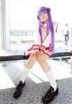  cosplay footwear hair_ribbon hair_ribbons highres hiiragi_kagami lucky_star naito photo purple_hair ribbon sailor sailor_uniform school_uniform serafuku socks twintails 