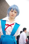  ayanami_rei blue_hair cosplay highres kanata_(model) neon_genesis_evangelion photo red_eyes school_uniform serafuku suspenders 