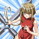  ahoge bare_shoulders blush brown_hair china_dress chinese_clothes closed_eyes dress lowres mahou_sensei_negima! masakichi_(crossroad) nagase_kaede oekaki shuriken solo weapon 