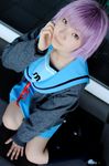  cardigan cosplay knee_socks kneehighs maisaki_ririka_(model) nagato_yuki photo purple_hair sailor sailor_uniform school_uniform serafuku suzumiya_haruhi_no_yuuutsu 