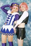  cosplay dealer highres joker leather midriff miniskirt pachi-slot_sengen_rio_de_carnival photo pink_hair skirt thigh-highs thighhighs tora_(model) vest yun_(model) 