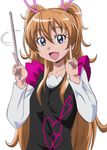  :d blue_eyes brown_hair conductor eyelashes hair_ribbon houjou_hibiki index_finger_raised long_hair manji_(tenketsu) open_mouth precure ribbon smile solo suite_precure two_side_up wand white_background 