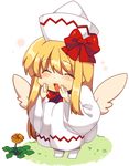  bad_id bad_pixiv_id blonde_hair blush bow chibi closed_eyes dandelion dress flower hat lily_white long_hair matatabi_maru open_mouth simple_background smile solo squatting touhou whispering wings 
