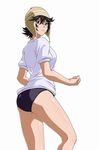  1girl ass black_hair clenched_hand female from_behind girl green_eyes hat highres ikkitousen kneepits looking_back shiny shiny_skin short_hair shorts simple_background smile solo soujin_shikou standing white_background 