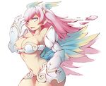  armor atelier_(series) bad_id bad_pixiv_id bikini bikini_armor blue_eyes breasts gauntlets gloves head_wings large_breasts long_hair mana_khemia mana_khemia_(series) navel open_mouth pink_hair pointy_ears simple_background solo standing swimsuit white_background wings zako_(arvinry) 