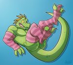  2018 3_toes ahnik ahnik_(character) arm_warmers armwear clothing crest digitigrade dinosaur green_scales happy legs_up legwear male nude reptile scales scalie signature simple_background smile socks theropod thigh_socks toes yellow_sclera 