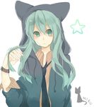  animal_ears animal_hood aqua_eyes aqua_hair bad_id bad_pixiv_id bandaid cat_hood hatsune_miku hood hoodie long_hair necktie open_clothes open_hoodie rio_(choiyna) solo vocaloid watch 