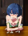  ano_natsu_de_matteru bad_id bad_pixiv_id blue_eyes blue_hair blush breasts camisole cup downblouse drinking_glass drunk fujisawa_takashi leaning_forward open_mouth shirt short_hair small_breasts solo strap_slip table tanigawa_kanna 