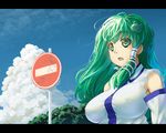  :o bare_shoulders blue_sky breasts cloud covered_nipples day detached_sleeves frog green_eyes green_hair hair_ornament kochiya_sanae kuro_oolong large_breasts letterboxed long_hair open_mouth outdoors sign sky snake solo touhou upper_body 