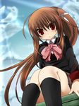  bad_id bad_pixiv_id bow brown_hair jontake little_busters! long_hair looking_down natsume_rin pink_bow plaid plaid_skirt ponytail red_eyes school_uniform sitting skirt solo 