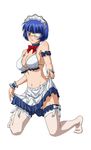  artist_request blue_hair bow bowtie bra breasts cleavage eyepatch full_body garters green_eyes highres ikkitousen kneeling large_breasts maid_headdress mole mole_under_mouth navel neck_garter o-ring o-ring_top parted_lips red_bow ryomou_shimei shiny shiny_skin short_hair sideboob simple_background skirt skirt_lift solo thighhighs underwear white_background white_bow white_bra white_legwear wrist_cuffs 