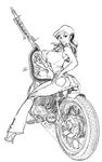  big_breasts fujiko_mine gun highres kevin_herault lupin_iii mine_fujiko monochrome motor_vehicle motorcycle tms_entertainment vehicle weapon 