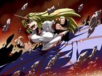  blonde_hair bouncing_breasts breasts broken_ground claws clenched_hand fangs glowing glowing_eye highres horn hoshiguma_yuugi large_breasts long_hair open_mouth red_eyes shirt skirt solo star touhou tsuki_wani 