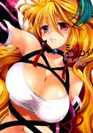  bare_shoulders blonde_hair breasts cleavage highres kurimomo large_breasts long_hair milla_maxwell non-web_source purple_eyes red_eyes shirt solo tales_of_(series) tales_of_xillia taut_clothes taut_shirt very_long_hair 