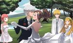  blonde_hair blue_eyes brown_hair chelsea dancing dress flower gray_hair grey_hair harvest_moon kiss kiss_forehead lake lanna_(harvest_moon) mark_(harvest_moon) natalie_(harvest_moon) outdoors red_hair vaughn water wedding_dress 