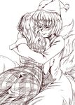  ass dress fox_tail hat highres hug kazami_yuuka monochrome multiple_girls multiple_tails plaid plaid_vest short_hair sketch tail tom_(remisaku) touhou vest yakumo_ran 