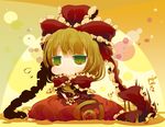  bad_id bad_pixiv_id bow chibi doromizu dress frills front_ponytail green_eyes green_hair hair_bow hair_ribbon kagiyama_hina long_hair red_dress ribbon solo touhou 