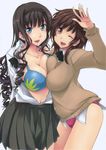  2girls amagami black_hair blue_eyes bra breast_press breasts brown_eyes brown_hair cleavage hairband highres kamino_ryuuya large_breasts long_hair morishima_haruka multiple_girls panties sakurai_rihoko school_uniform short_hair skirt symmetrical_docking takayama_kisai underwear waving wink 