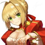  &gt;:) 1girl ahoge ashiwara_yuu blonde_hair blush bow braid breasts cleavage closed_mouth dress epaulettes fate/extra fate_(series) green_eyes hair_bow hair_bun hair_intakes head_tilt juliet_sleeves long_sleeves medium_breasts nero_claudius_(fate) nero_claudius_(fate)_(all) puffy_sleeves red_bow red_dress sidelocks signature simple_background smile solo upper_body v-shaped_eyebrows white_background wide_sleeves 