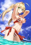  1girl :&gt; absurdres ahoge armpits ashiwara_yuu bangs bare_shoulders beach bead_bracelet beads bikini blonde_hair blue_sky blush bracelet breasts cleavage closed_mouth cloud cloudy_sky criss-cross_halter day eyebrows_visible_through_hair fate/grand_order fate_(series) green_eyes hair_between_eyes hair_intakes halterneck highres hips jewelry large_breasts looking_at_viewer navel nero_claudius_(fate)_(all) nero_claudius_(swimsuit_caster)_(fate) outdoors palm_tree sand side-tie_bikini sky smile solo striped striped_bikini swimsuit tree twintails wading water wet 