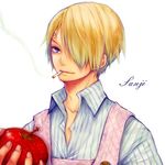 1boy apple apron blonde_hair blue_eyes character_name chef cigarette collared_shirt food fruit hair_over_one_eye male male_focus one_piece peek-a-boo_bang sanji shirt short_hair simple_background smoking solo striped striped_shirt text vertical_stripes white_background 