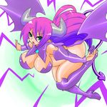  1girl boots bottomless breasts demon_girl demon_tail demon_wings disgaea female flying gradient_hair green_eyes horns huge_breasts legs long_hair multicolored_hair no_panties nu_(artist) numadaira open_mouth purple_hair solo succubus succubus_(disgaea) tail thighhighs wings 