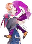  animal_print bad_id bad_pixiv_id black_eyes carrying caster_(fate/zero) fate/zero fate_(series) grey_hair harureya jacket jewelry leopard_print male_focus multiple_boys orange_hair purple_jacket ring robe shoes sneakers uryuu_ryuunosuke 