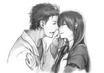  1girl bad_id bad_pixiv_id chin_grab closed_eyes couple facial_hair greyscale hetero hug imminent_kiss jacket labcoat long_hair lowres makise_kurisu miya_(hooooo) monochrome necktie okabe_rintarou short_hair simple_background smile steins;gate stubble white_background 