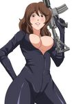  blush bodysuit breasts brown_eyes brown_hair cleavage from_below grin gun highres igatto large_breasts lips long_hair looking_at_viewer looking_down lupin_iii mine_fujiko simple_background smile solo weapon white_background zipper 