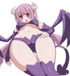  bad_id bad_pixiv_id bikini breasts cameltoe demon_girl demon_tail demon_wings disgaea from_below horns large_breasts long_hair navel panties pointy_ears purple_bikini purple_hair ryokuchaism simple_background solo succubus succubus_(disgaea) swimsuit tail thighhighs underwear white_background wings 