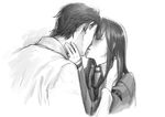  1girl bad_id bad_pixiv_id couple greyscale hand_on_another's_neck hetero imminent_kiss jacket labcoat long_hair lowres makise_kurisu miya_(hooooo) monochrome necktie okabe_rintarou short_hair simple_background steins;gate tears white_background 