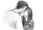  1girl bad_id bad_pixiv_id couple greyscale hand_on_another's_cheek hand_on_another's_face hetero imminent_kiss jacket labcoat long_hair lowres makise_kurisu miya_(hooooo) monochrome necktie okabe_rintarou short_hair simple_background steins;gate tears white_background 