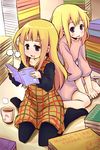  blonde_hair blue_eyes blush book bowl casual company_connection cup eyebrows heavy_breathing hidamari_sketch highres k-on! kneeling kotobuki_tsumugi long_hair manga_(object) multiple_girls pantyhose rice_bowl saitou_sumire saliva shouma_keito thick_eyebrows yuno 