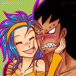  black_hair blue_hair blush couple detached_sleeves eyes_closed fairy_tail fingerless_gloves gajeel_redfox gloves headband laughing levy_mcgarden lowres piercing red_eyes sharp_teeth spiked_hair spiky_hair 