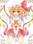  :d ascot bad_id bad_pixiv_id blonde_hair fang flandre_scarlet frills hat highres leaf open_mouth red_eyes short_hair side_ponytail sitting skirt skirt_set smile solo touhou wariza wings wrist_cuffs yuuhagi_(amaretto-no-natsu) 