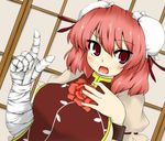  bandages breasts bun_cover cuffs double_bun flower ibaraki_kasen index_finger_raised large_breasts miyukisan open_mouth pink_hair red_eyes red_flower red_rose rose shackles short_hair solo touhou upper_body 