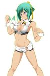  :o aquarion_(series) aquarion_evol breasts cleavage cleavage_cutout fukurokouji green_hair hair_ribbon legs medium_breasts midriff navel purple_eyes ribbon short_hair short_shorts shorts solo wrist_cuffs zessica_wong 