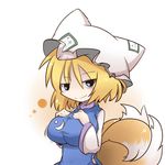  blonde_hair blue_eyes blush breasts dekasudachin fox_tail hat impossible_clothes large_breasts multiple_tails smug solo tail touhou yakumo_ran 