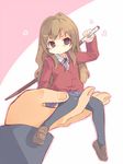  aisaka_taiga bokken brown_eyes brown_hair in_palm left-handed long_hair minigirl oosuzu_aoi out_of_frame pout school_uniform single_hand solo_focus sword thighhighs toradora! weapon wooden_sword 