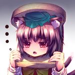  1girl animal_ears blush bread brown_hair cat_ears cat_tail chen chestnut_mouth earrings food hat in_food jewelry lowres multiple_tails open_mouth oversized_object red_eyes ryosios short_hair solo tail touhou 