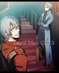  2boys brothers capcom crossed_arms dante dante_(devil_may_cry) devil_may_cry devil_may_cry_3 genmai looking_back multiple_boys siblings smile trench_coat trenchcoat vergil white_hair wink 