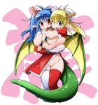  1girl areola_slip areolae blonde blonde_hair blue_eyes blue_hair breast_squeeze breasts chinese_clothes cleavage conjoined dragon_girl dragon_tail dragon_wings dress female gigantic_breasts hair_bun horns huge_nipples long_hair monster_girl multi_head nipples no_panties pointy_ears pussy red_eyes semahiro siamese_twins solo standing tail thighhighs twintails uncensored wings wink 